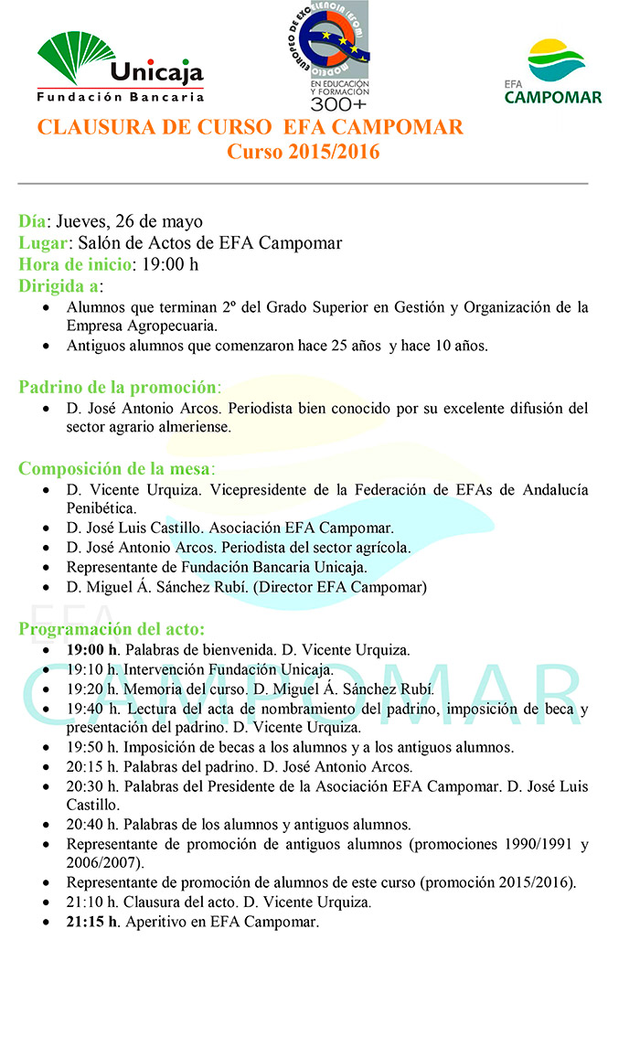 Día 26 de mayo. Clausura del curso 2015-2016 de EFA Campomar