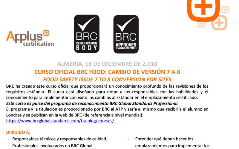 Día 18 de diciembre. Curso oficial BRC FOOD: Cambio de versión 7 A 8