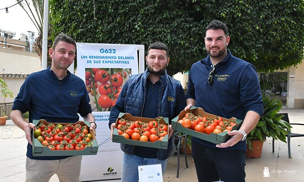 Técnicos de MAGAR. Eloy con G639; y Eduardo y David con tomate rama G622. / agroautentico.com