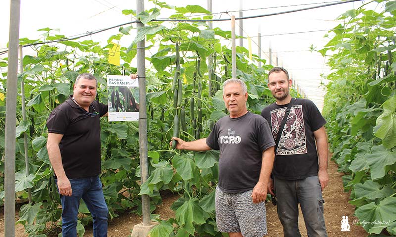 Pablo García, técnico de Ramiro Arnedo, con los agricultores almerienses Avelino y Juan. / agroautentico.com