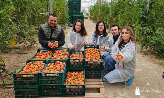 Cecilio Fernández Vargas, agricultor, con María Castillo, Gema Pérez, Carlos García y Nerea Vargas, de Vellsam con tomate de restregar / agroautentico.com