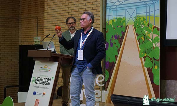 Pedro Ruiz muestra el emblema de cooperativa La Palma, el tomate / agroautentico.com