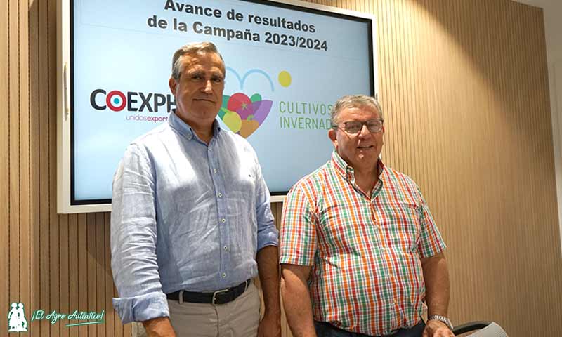 Luis Miguel Fernández y Juan Antonio González, gerente y presidente de Coexphal, durante el avance de los resultados de la última campaña agrícola 2023/24 en la provincia de Almería / agroautentico.com