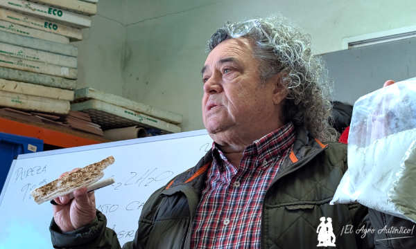 Pedro Artés, director técnico de Sulfato Cálcico, muestra la materia prima y una de las granulometrías / agroautentico.com