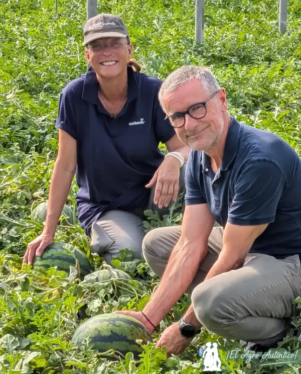 Mercedes Fernández y Juan Pedro Pérez Abellán con la nueva sandía 32408 de Nunhems / agroautentico.com