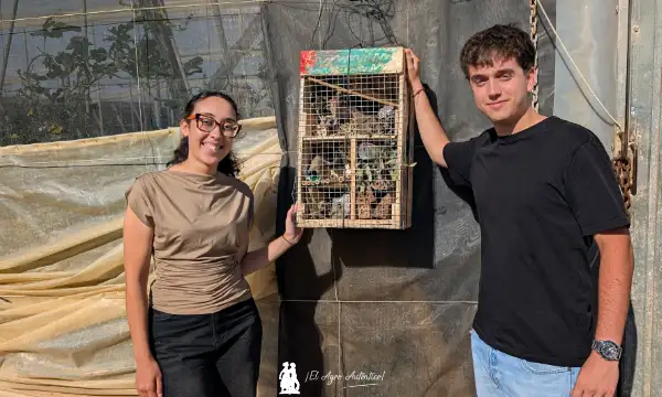 Samiha Moumni y Carlos Pérez con un hotel de insectos diseñado con Asprodesa / agroautentico.com